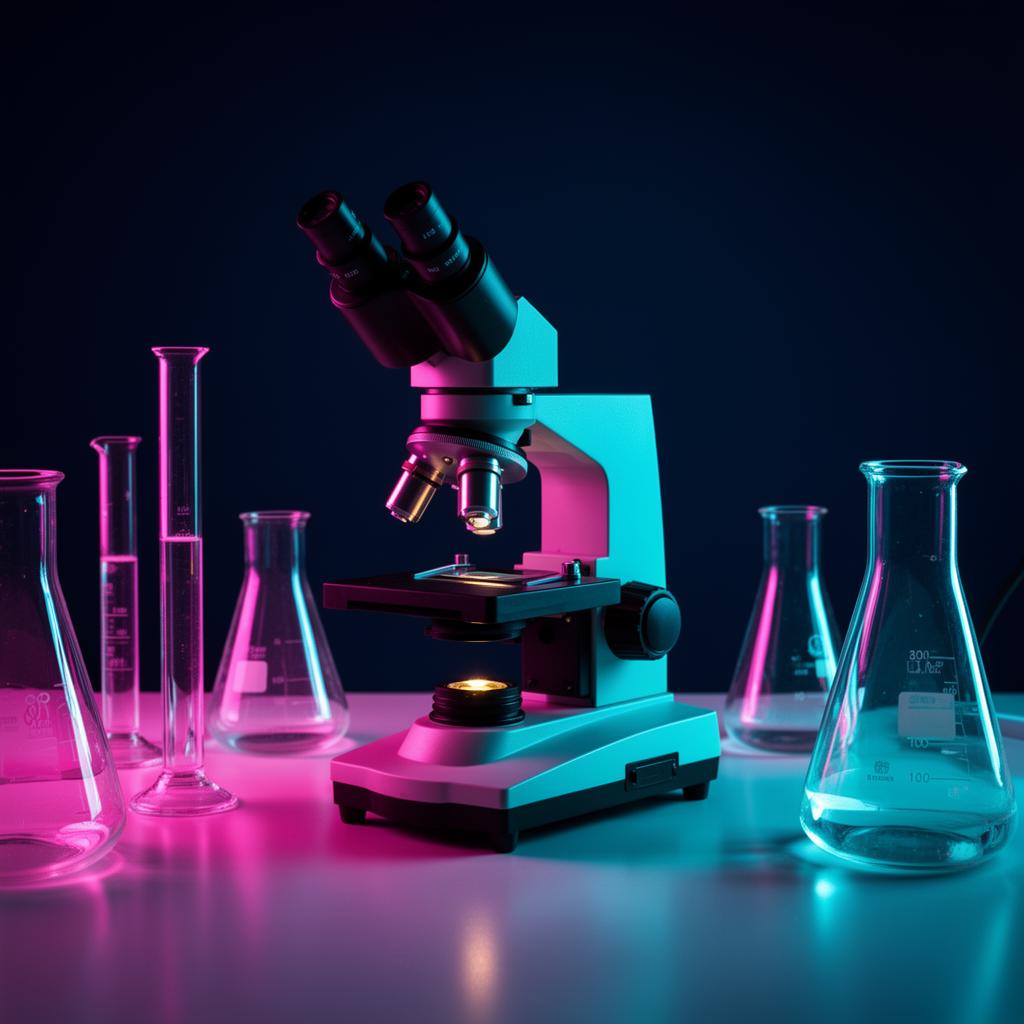 Microscope and laboratory glassware lit with neon pink and cyan light