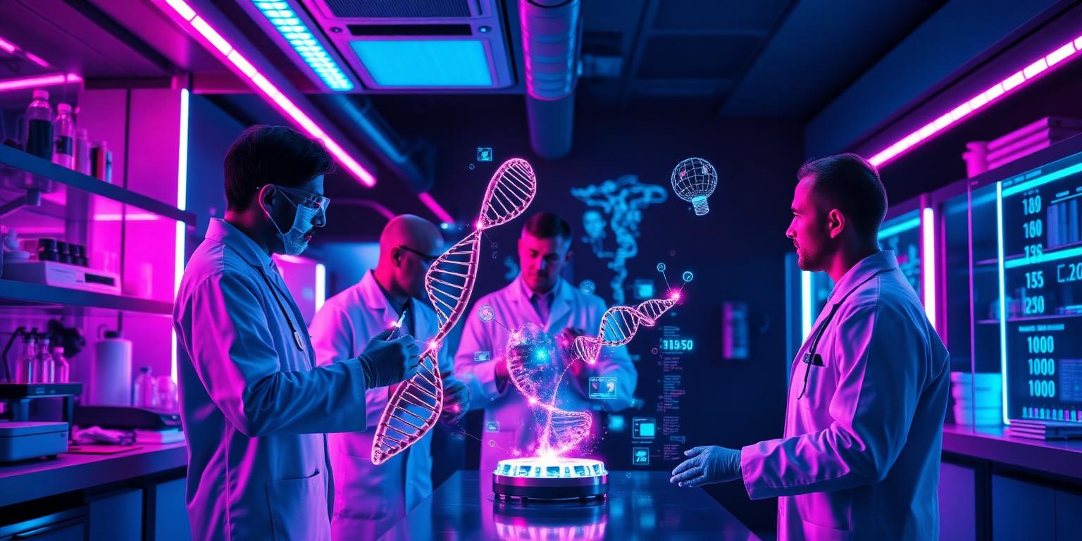 Scientists collaborating around a glowing holographic DNA helix in a neon-lit research lab